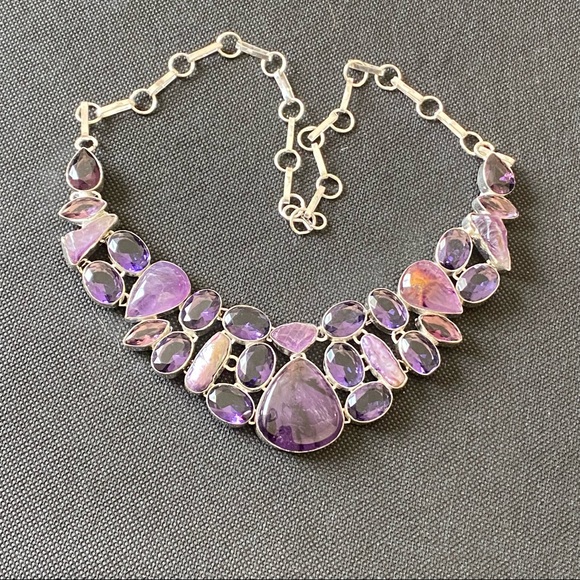 Charoite Necklace with Faceted Amethyst, Charoite and Biwa Pearl Bib Necklace - Picture 13 of 16